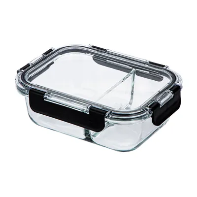 Glass Food Container with divider, Black Lid+Clear, 640ml 18*13.5*6.5Cm 4589767245337