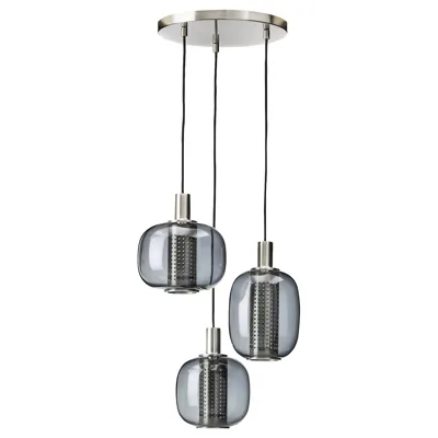 HOGVIND Pendant lamp with 3 lamps, nickel-plated/grey glass, 50492929