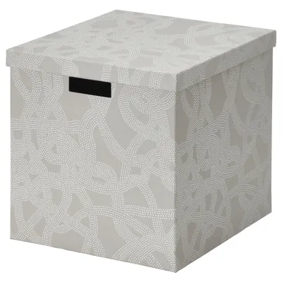 TJENA Storage box with lid, patterned/beige 32x35x32 cm, 60511748