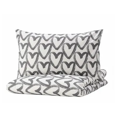 LYKTFIBBLA Duvet cover and pillowcase, white/grey, 150x200/50x80 cm, 40466426