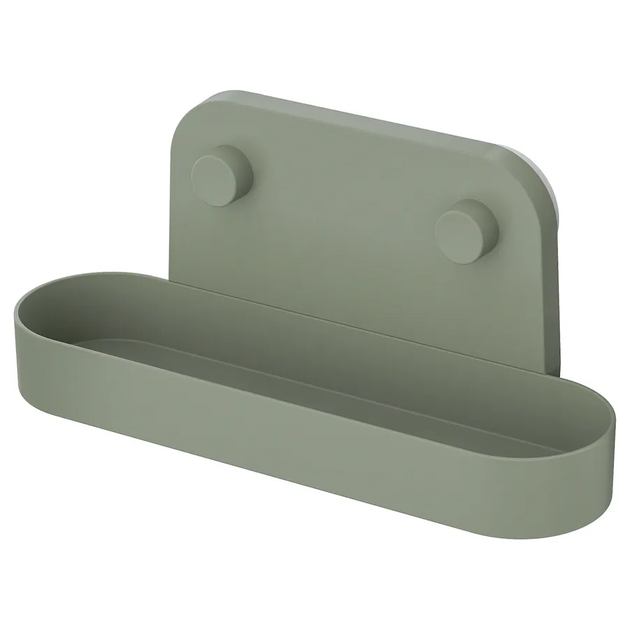 OBONAS Wall shelf with suction cup, grey-green, 28 cm, 10515579