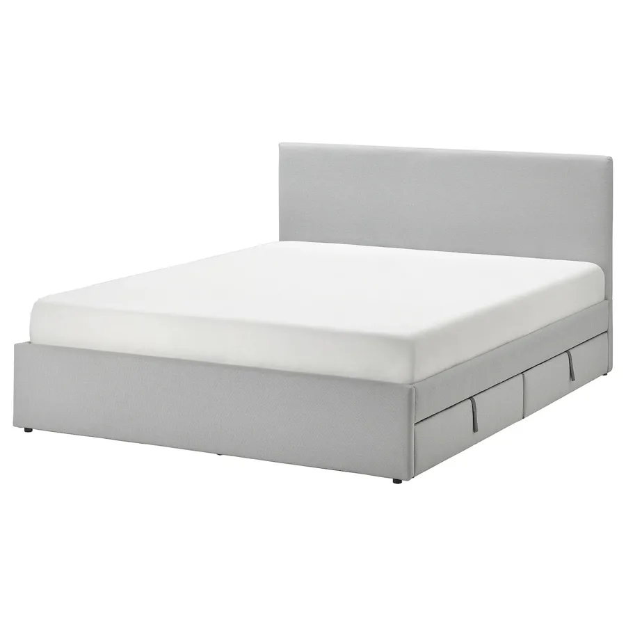 GLADSTAD Upholstered bed, 2 storage boxes, Kabusa light grey 150x200 cm, 19406811