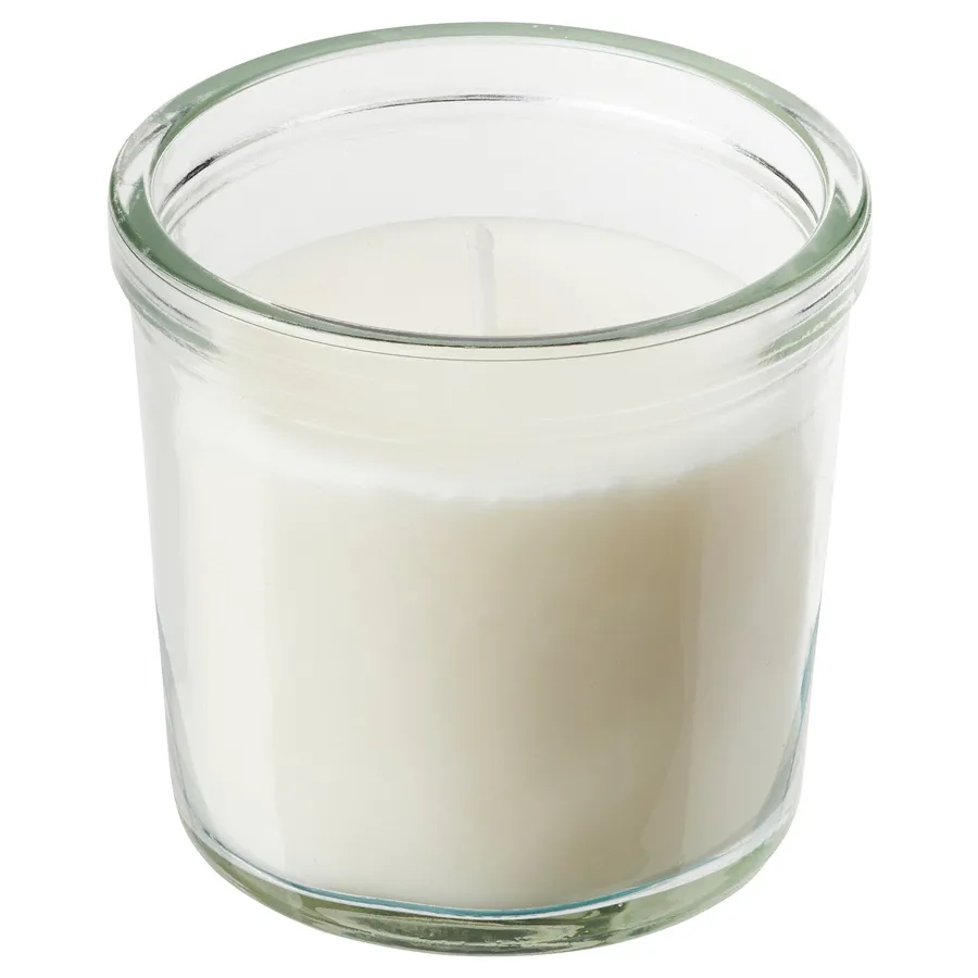 JAMLIK Scented candle in glass, Vanilla/light beige 20 hr, 30502104