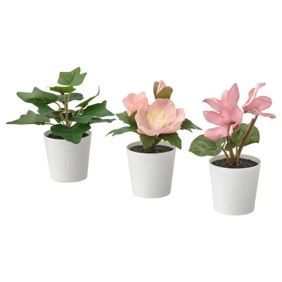 FEJKA Artificial potted plant, set of 3, green/pink, 6cm, 10522886