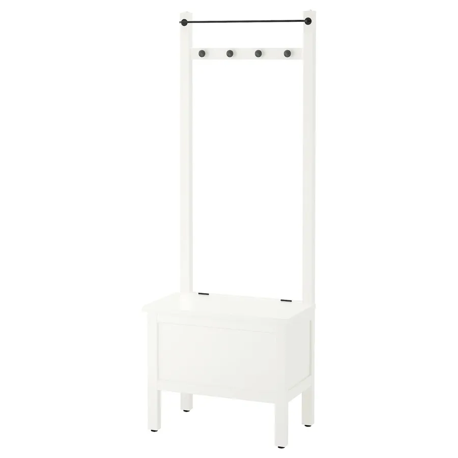 HEMNES Storage bench w towel rail/4 hooks, white, 64x37x173 cm, 90396657