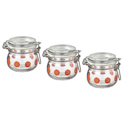 KORKEN  jar with lid, clear glass patterned/bright orange, 13 cl 10553646