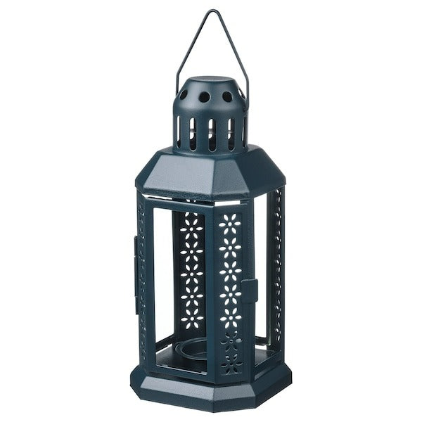 ENRUM Lantern for tealight, in/outdoor, black-blue, 22 cm, 80551724