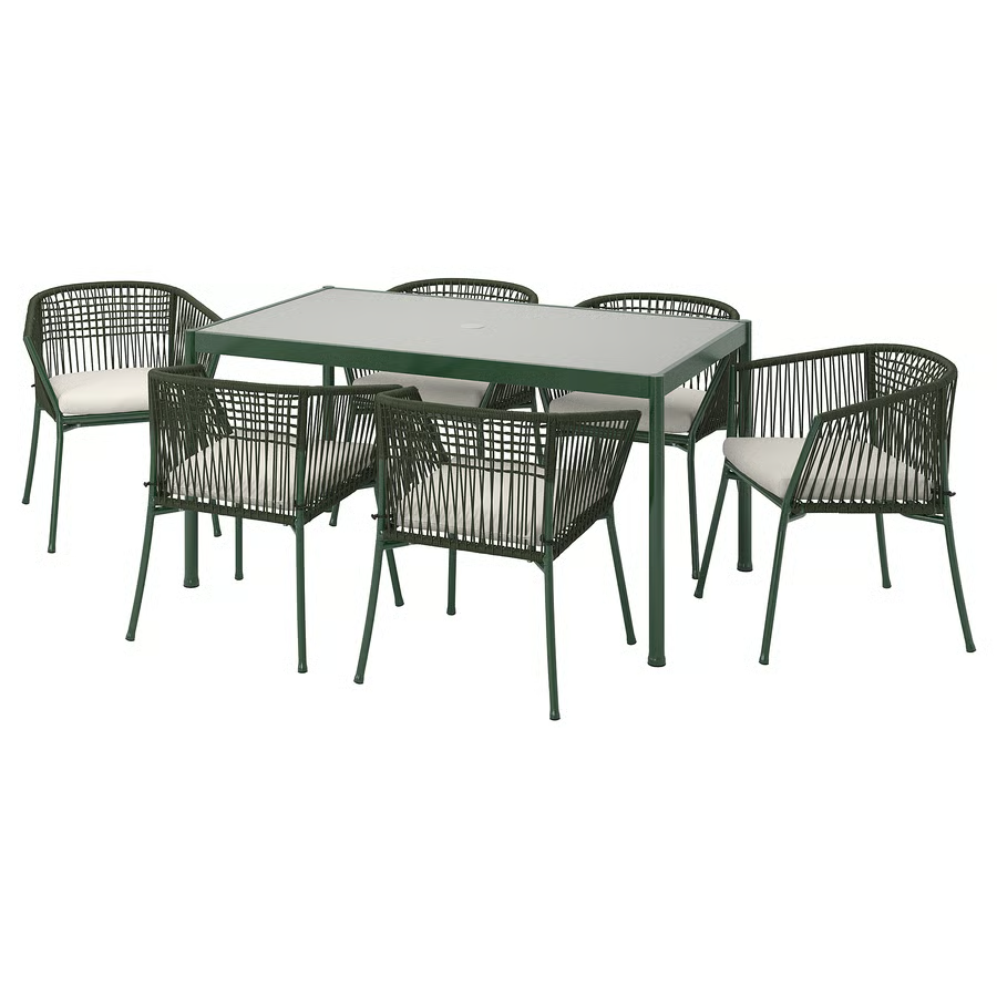 SEGERON Table+6 chairs w armrests, outdoor, dark green/Froson/Duvholmen beige, 147 cm, 19500842
