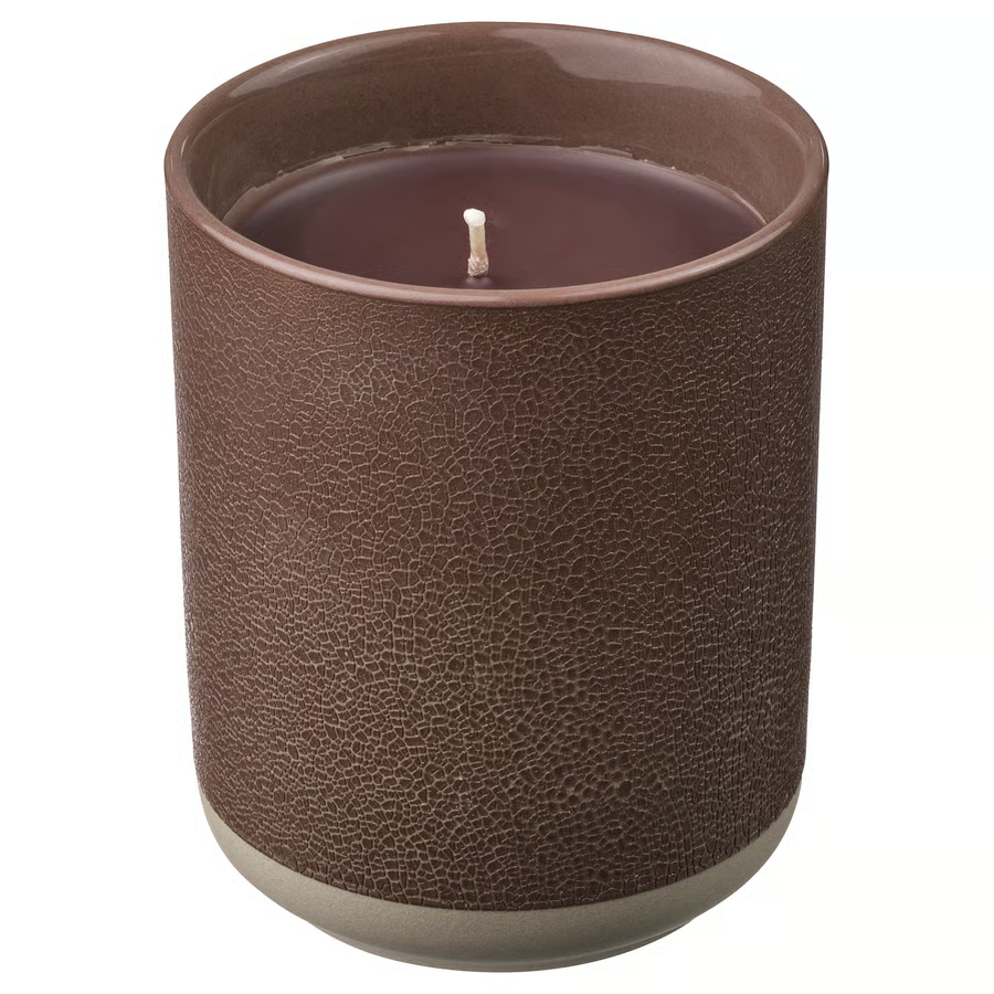 SILKESTRAD Scented candle in ceramic jar, leather & vanilla/brown, 45 hr, 00570397